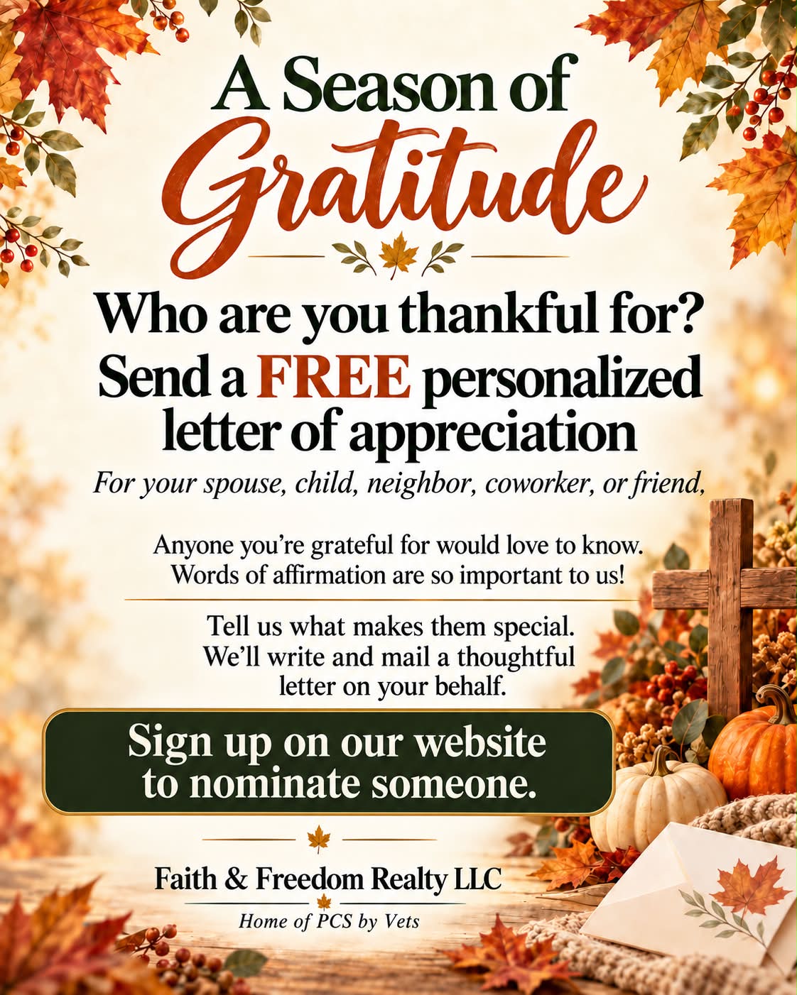 A Season of Gratitude flyer from Faith & Freedom Realty: send a free personalized letter of appreciation to someone you're thankful for