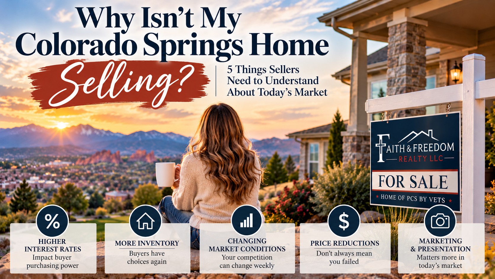 Woman with a coffee mug looking out over Colorado Springs and Pikes Peak beside a Faith & Freedom Realty for-sale sign, with the title Why Isn’t My Colorado Springs Home Selling?